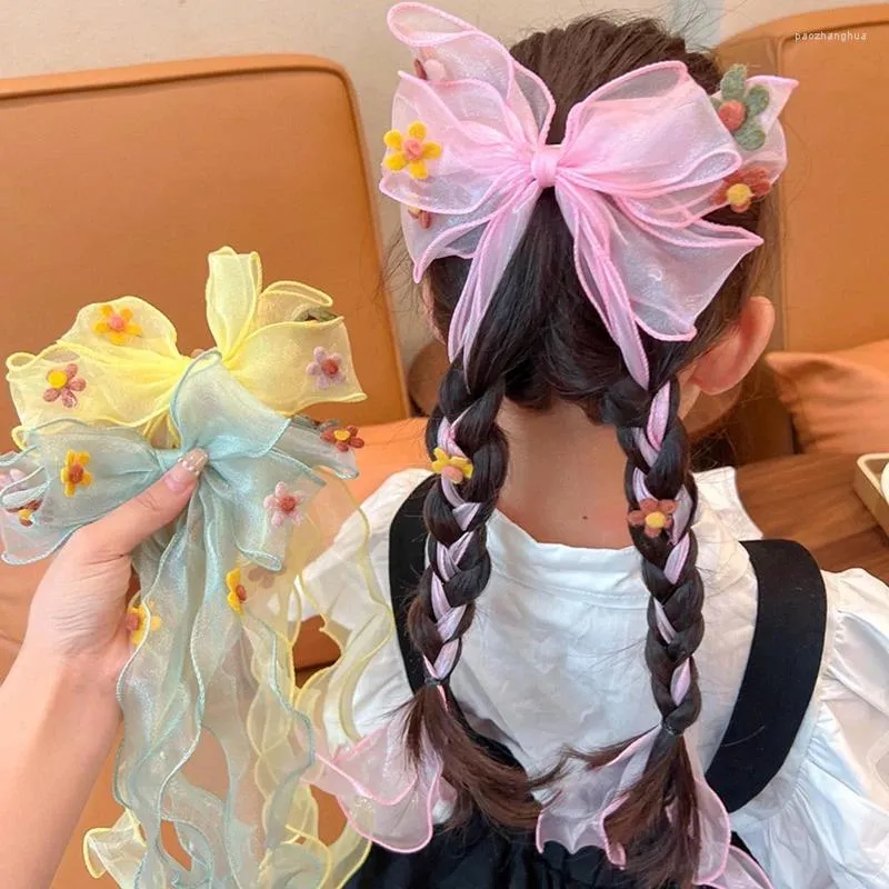 Hair Accessories 2024 Children's Streamer Hairpins Pearl Tassels Bowknot Clip Ribbons Braided Girls Princess Cute Headdress