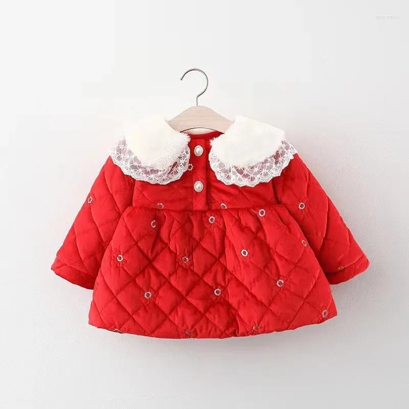 Down Coat Winter Girls Thickened Plush Jacket Sweet Flower Doll Collar Lace Edge Long Sleeve Korean Version Skirt