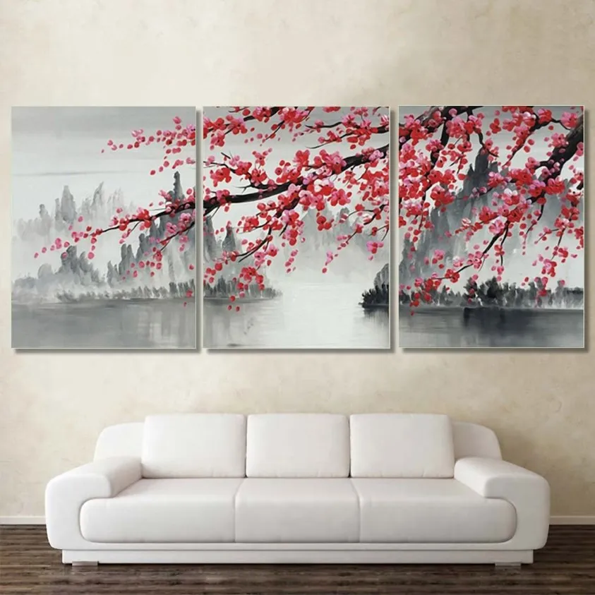 Laeacco 3 Panel Chinese Style Canvas Painting Modern Home Decoration Abstract Landscape Posters and Prints Plum Wall Art Picture Y228J