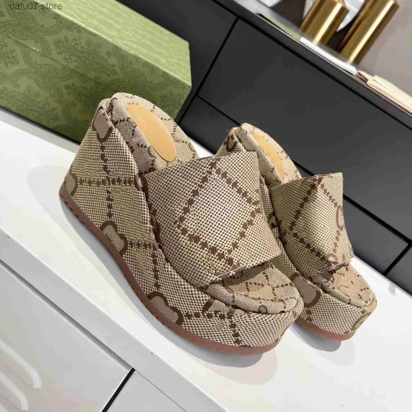 Slipare Designer Slipper Wedge Heel Slides Sandaler Luxury Sandal Beach Shoes Beige Blue Canvas SummerH240312