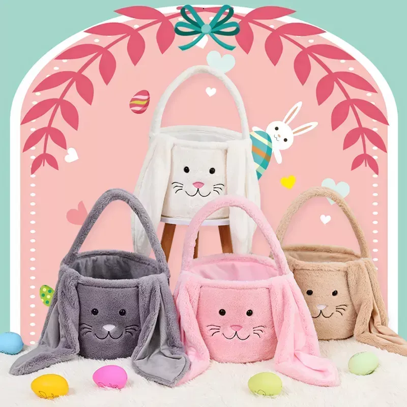 DIY Flannel Bunny Bucket Bag Baskets Egg Hunt Handbag 3D Rabbit Ears Tote Personalized Purses Happy Easter Day