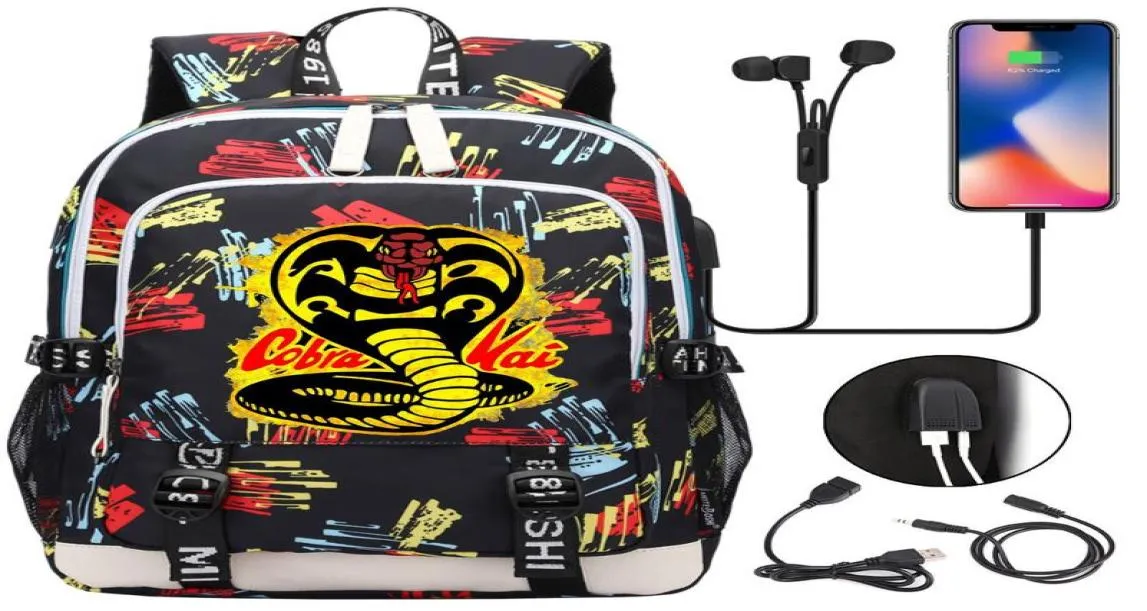 Plecak Cobra Kai Teenager USB ładowanie laptopa kobiety mężczyźni plecak dla dzieci torba Mochila Travel2782931