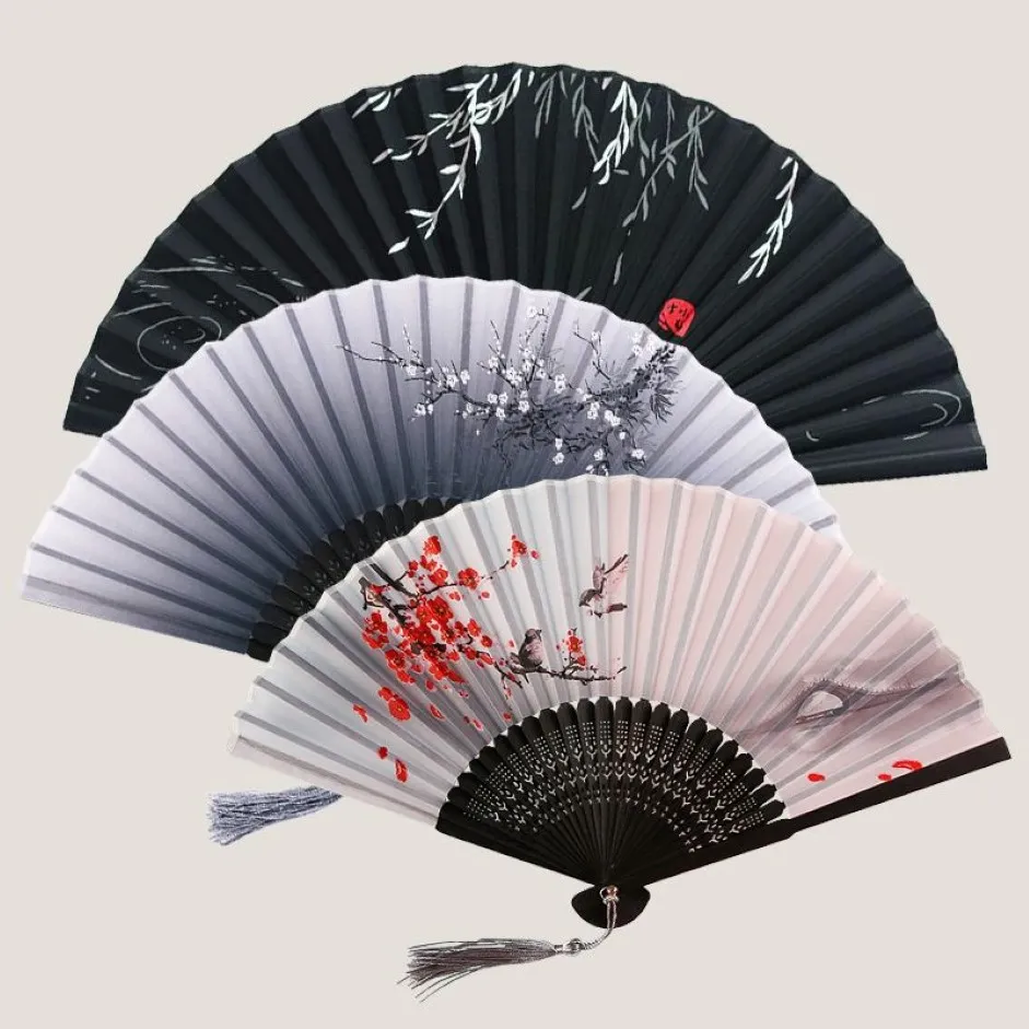 Chinese Japanese Silk Folding Fan Wooden Shank Classical Dance Fan High Quality Tassel Elegent Female Fan Home Decoration288V