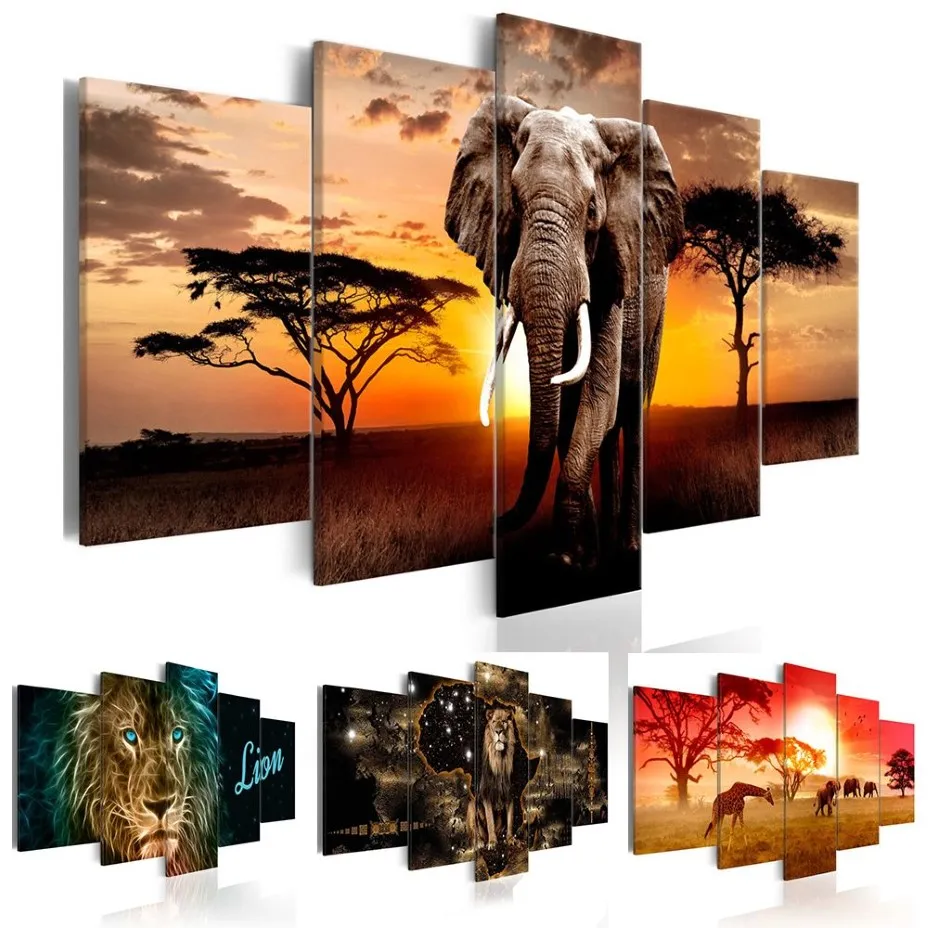 No Frame5Panel Animal Painting Pictures Print on The Canvas Art Wall Decor Home Wall Art Picture Color Giraffe Lion Elephant250v