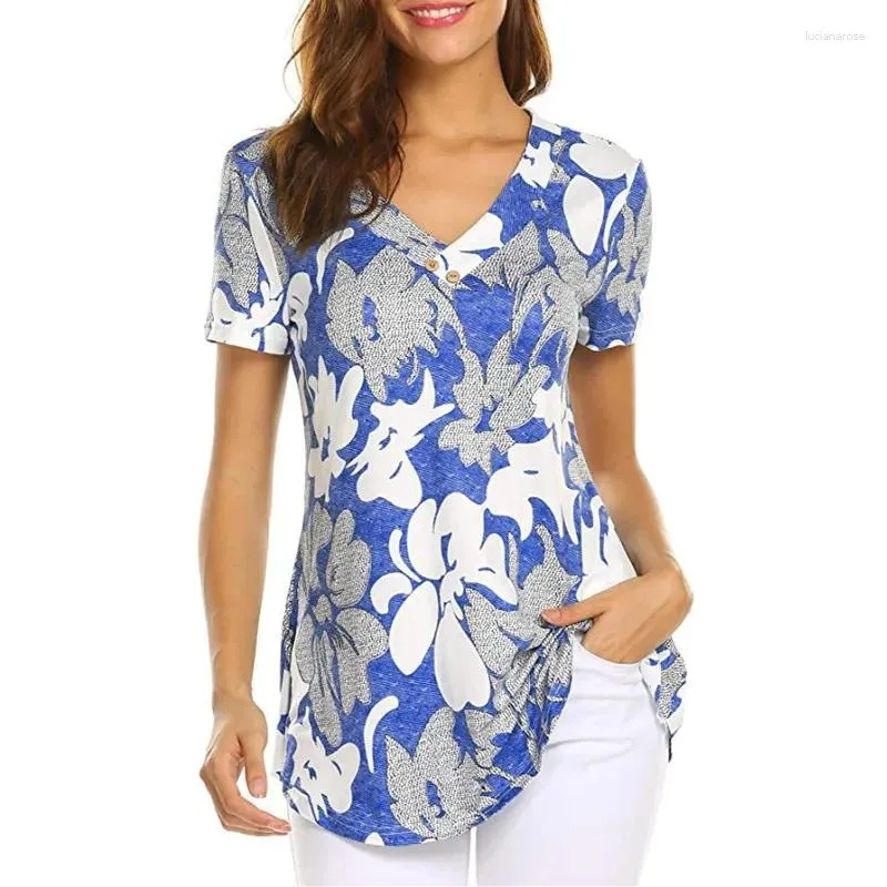 여자 T 셔츠 봄/여름 2024 캐주얼 티셔츠 패션 V- 넥 꽃 짧은 슬리브 느슨