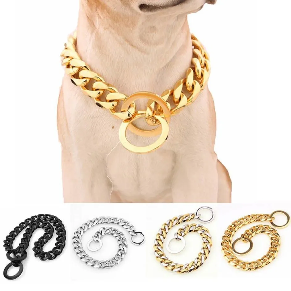 Chaîne de chien en acier inoxydable de 15mm, colliers d'entraînement en métal pour animaux de compagnie, épaisseur or argent, collier de chien antidérapant pour grands chiens Pitbull Bulldog Q1295W