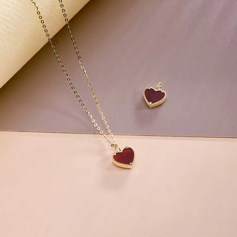 V Necklace Pure 18k gold 14k gold pendant with fashionable three-dimensional heart inlaid red agate neck jewelry 11891