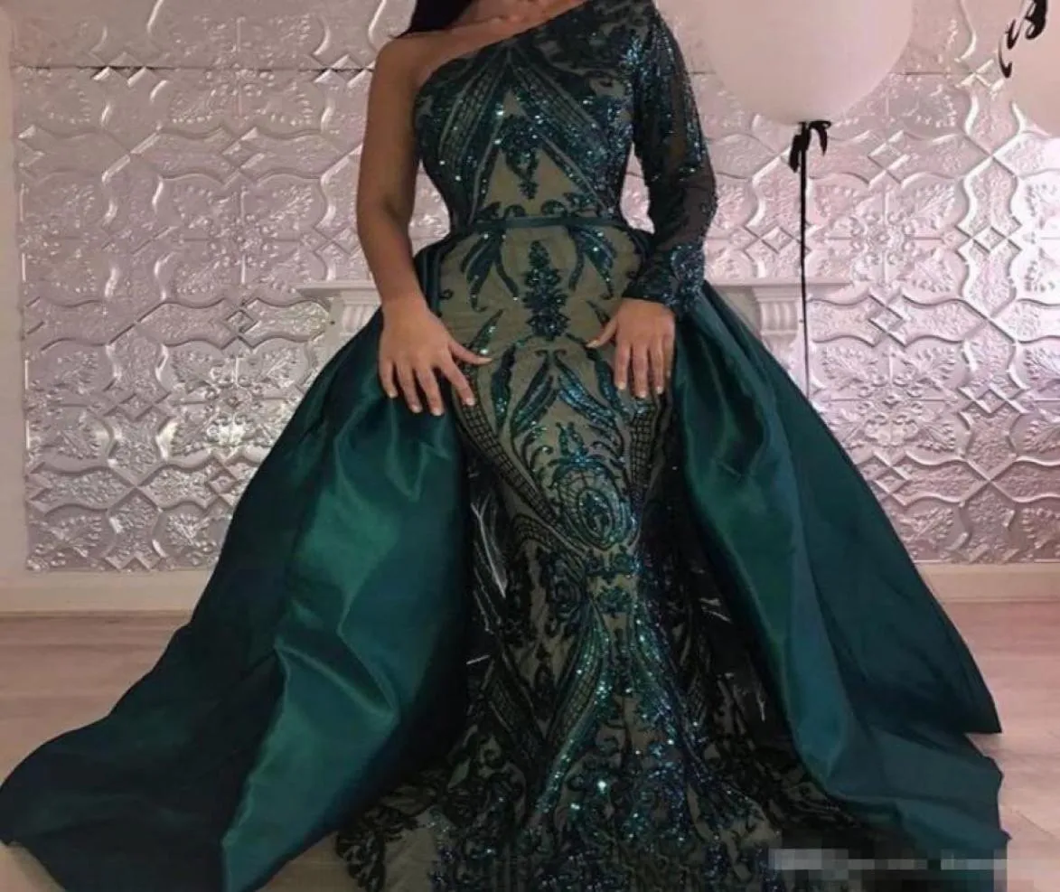Dark Green Overskirts Mermaid Prom Dresses Luxury Sequins Pärled Satin Löstagbart tåg Formell aftonklänning ena sidan Långärmar P8882015