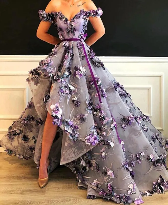 Abendkleider 2020 Purple Flora Lace High Low Prom Dresses Prots Proty Prom Vorts قبالة الفساتين الرسمية الكتف 2448335