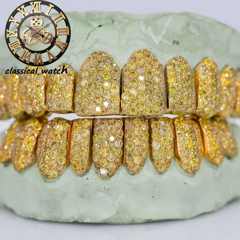 Canary Yellow VVS Moissanite Diamond Grillz Iced Out Bussed Down Hip Hop Jewelry for Rappers Luxury Personalized Grille