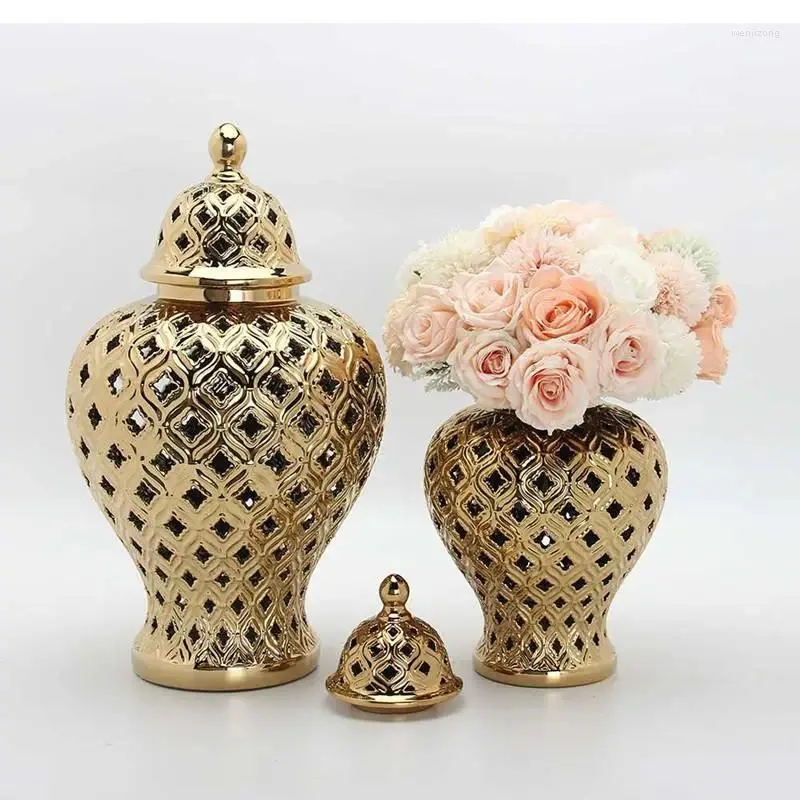 Vases doré creux pot général moderne vase de fleurs séchées en céramique stockage de gingembre décoration de la maison accessoires d'arrangement