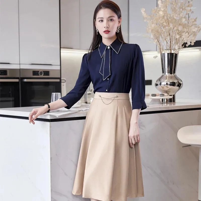 Women's Blouses Fashion Ladies Navy Blue & Shirts Women 2 Piece Skirt And Top Sets Half Sleeve Office Work