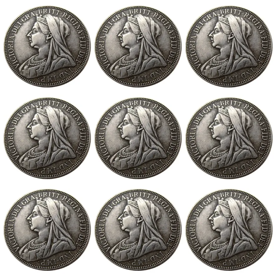 Ensemble complet de 9 pièces artisanales reine Victoria de grande-bretagne, 1 florin plaqué argent, pièces de copie, matrices métalliques, fabrication 329O, 1893 – 1901