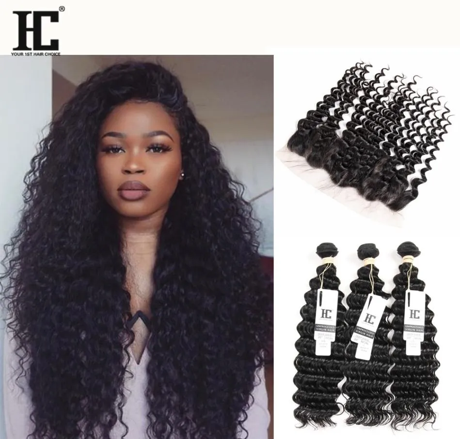 Ear To Ear 13x4 Lace Frontal Closures With 3 Bundles Brazilian Peruvian Indian Malaysian Deep Wave Curly Virgin Human Hair Weaves 4111085