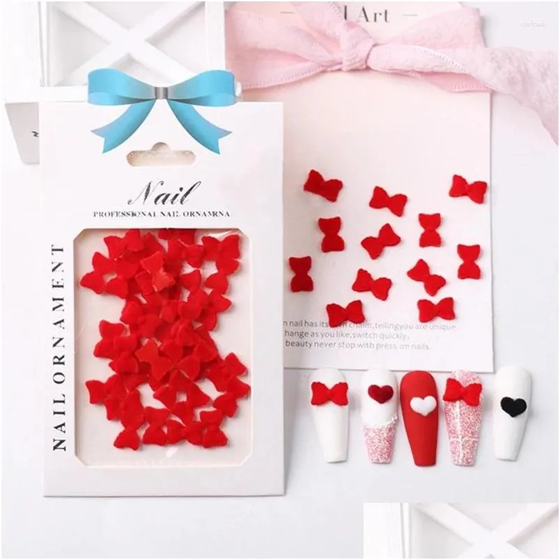 Decorações de arte de unhas 30 pcs encantos peças vermelho p bowknot coração forma 3d veet decoração acessório diy resina inverno jóias manicure drop deliv otdwr