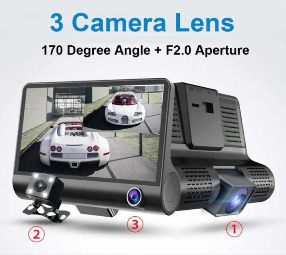 3 Cameras Car DVR Auto Drived Dashcam مسجل فيديو مركبة 4quot عرض FHD 1080p الأمامية 170 ° الخلفية 140 ° الداخلية 120 ° ليلة V6762362