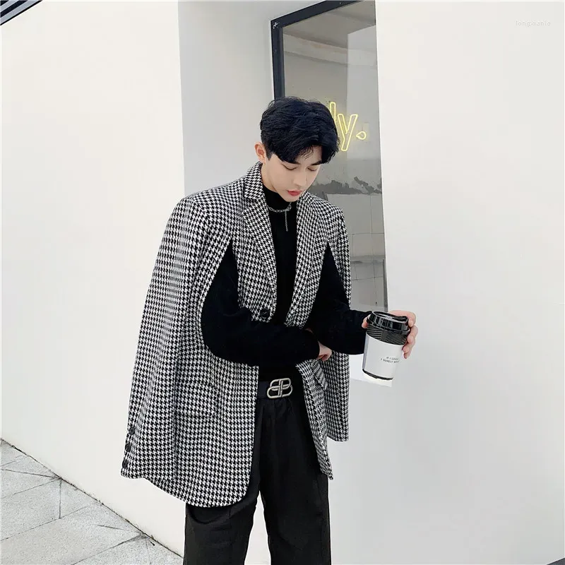 Ternos masculinos originais houndstooth xadrez homens blazer outerwear lado peito split buraco design casaco coreano chique streetwear sênior festa jaqueta top