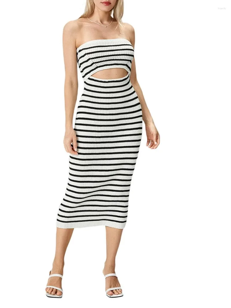 Casual Jurken Dames Tube-jurk Gebreid Strapless Backless Uitgehold Gestreept Patchwork Lange Bodycon Y2k Strand Maxi Clubwear