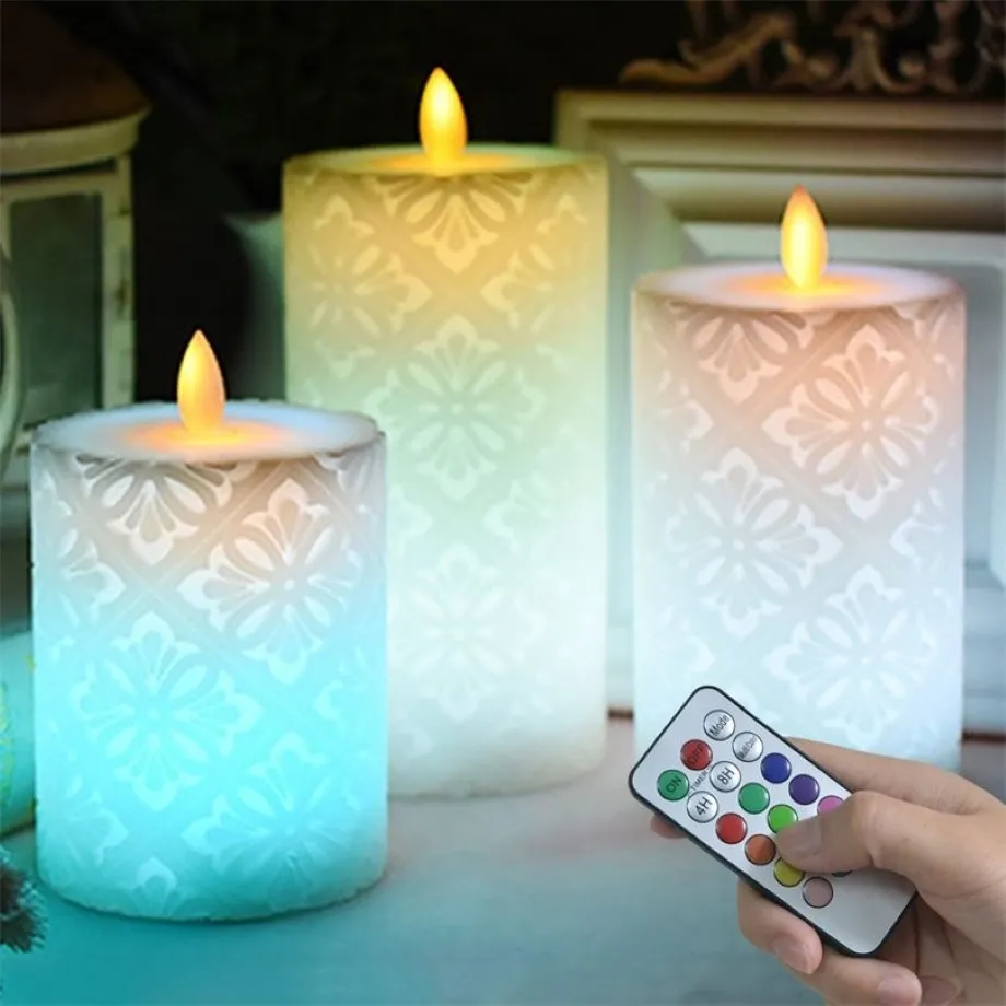 Vela led remota sem fio com chama dançante, vela pilar de cera para decoração de casamento, luz noturna, velas de natal t20010215e