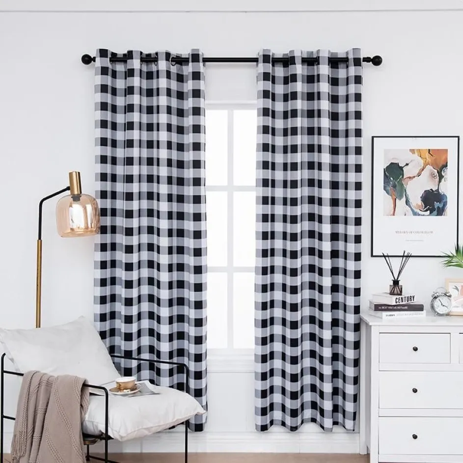 Plaid Blackout Curtains for Bedroom Thermal Insulation Panels Checkered Window Curtains for Living Room Black and White240i