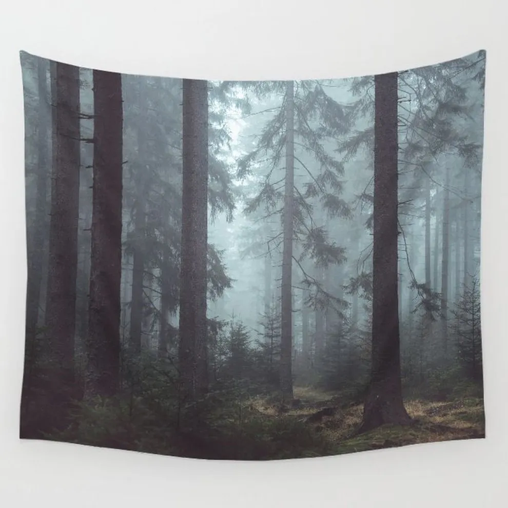 Holz Nebel Wald Wandbehang Stoff dekorative Landschaft Tapisserie Polyester nordisches Dekor trendig bedruckt tenture291U