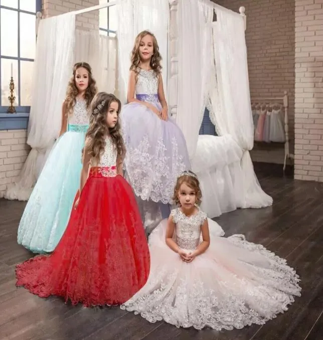 Kız Çocuklar Düğün Noel Elbise Beyaz İlk Cemaat Uzun Dantel Prenses Prom Nedime Tull Parti Elbise 10 12 YEA1521563