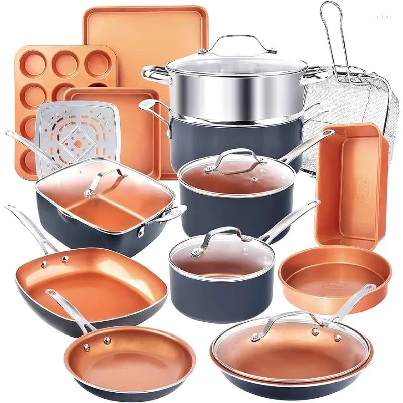 Köksredskap sätter 20 PC -kopparkrukor och kokkärlssätt nonstick pannpan kök keramik