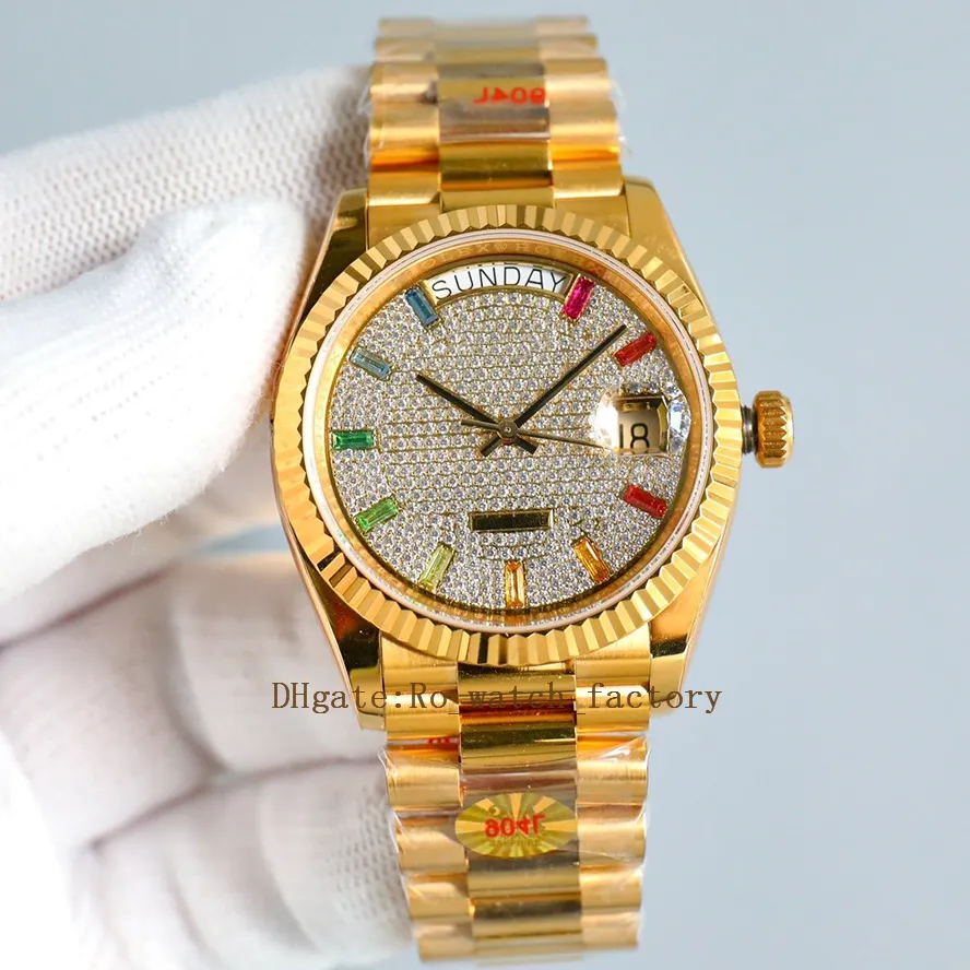 Luxe DJ Factory Hoge kwaliteit 128349 18K geel goud 36 mm diamanten bezel 3235 automatisch herenhorloge 10 vierkant geslepen regenbooggradiënt saffieren