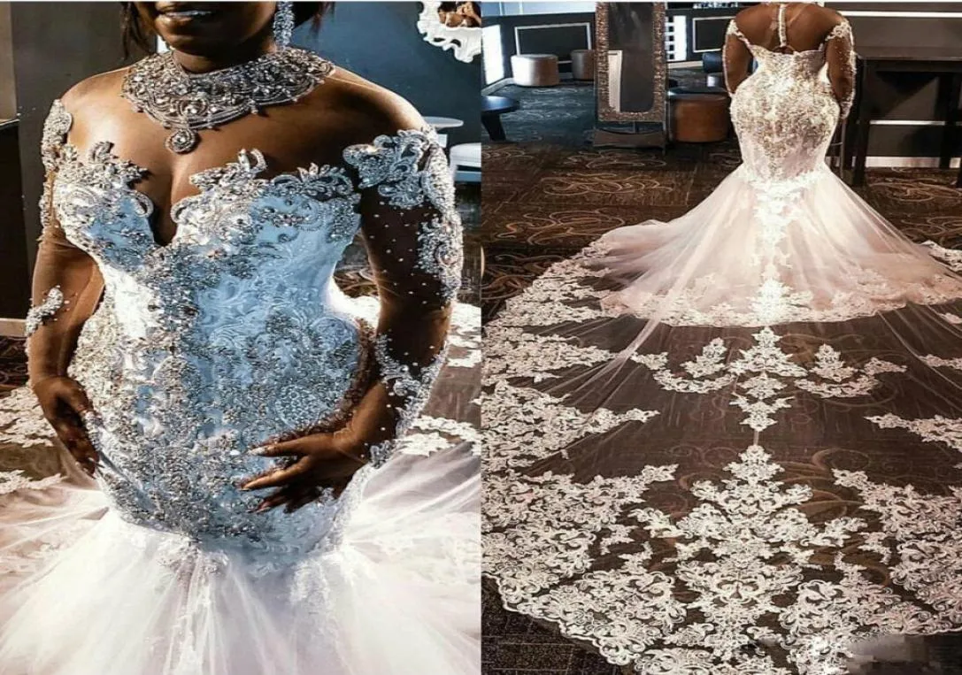 Abiti da sposa a sirena africana con perline di cristallo con maniche lunghe illusione 2020 Collo alto trasparente cattedrale strascico da sposa principessa Gow2915362