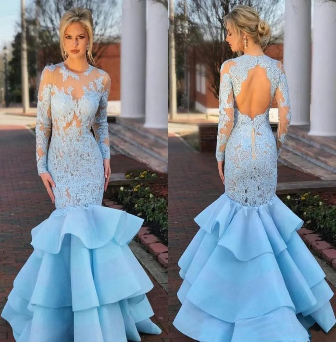 Light Sky Blue Tiered Mermiad Dresses Assoes Evening 2019