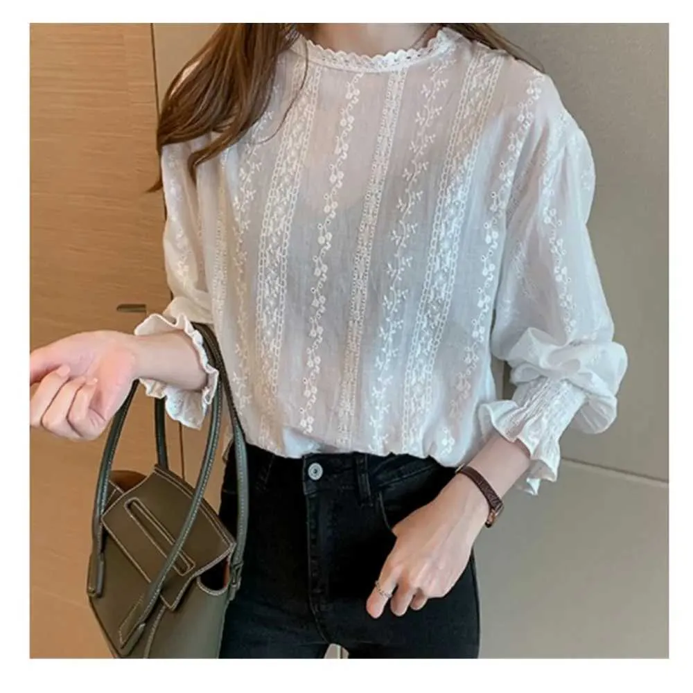 Women's Blouses Shirts Womens White Tops Blouses 2022 Cotton Linen Blouse Button Solid Stand Collar Ladies Lace Tops Women Ruffle Shirt Blusas FeminineL24312