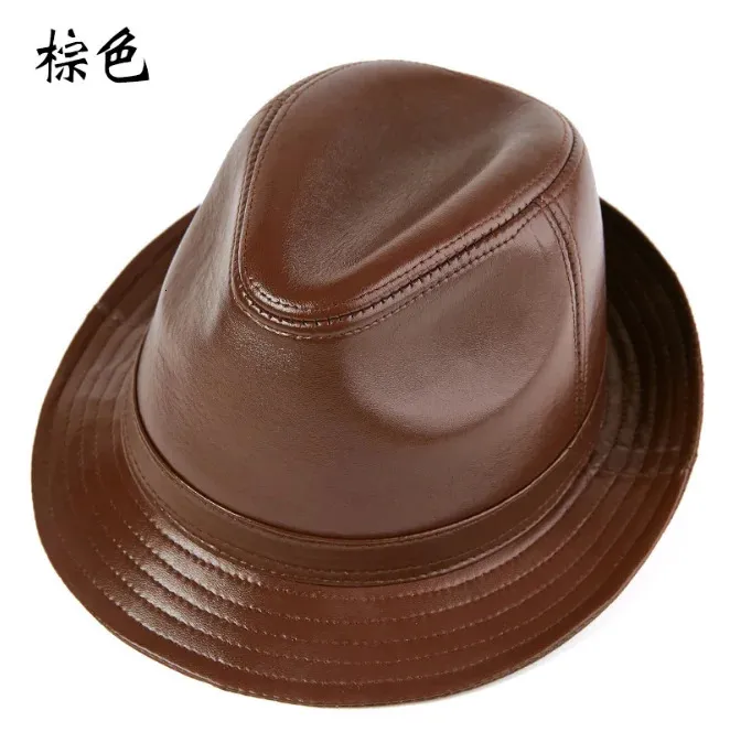 Cappello in vera pelle di qualità per uomo Fedora in pelle di pecora moda autunno inverno tendenza elegante berretto jazz sombrero marrone 240301