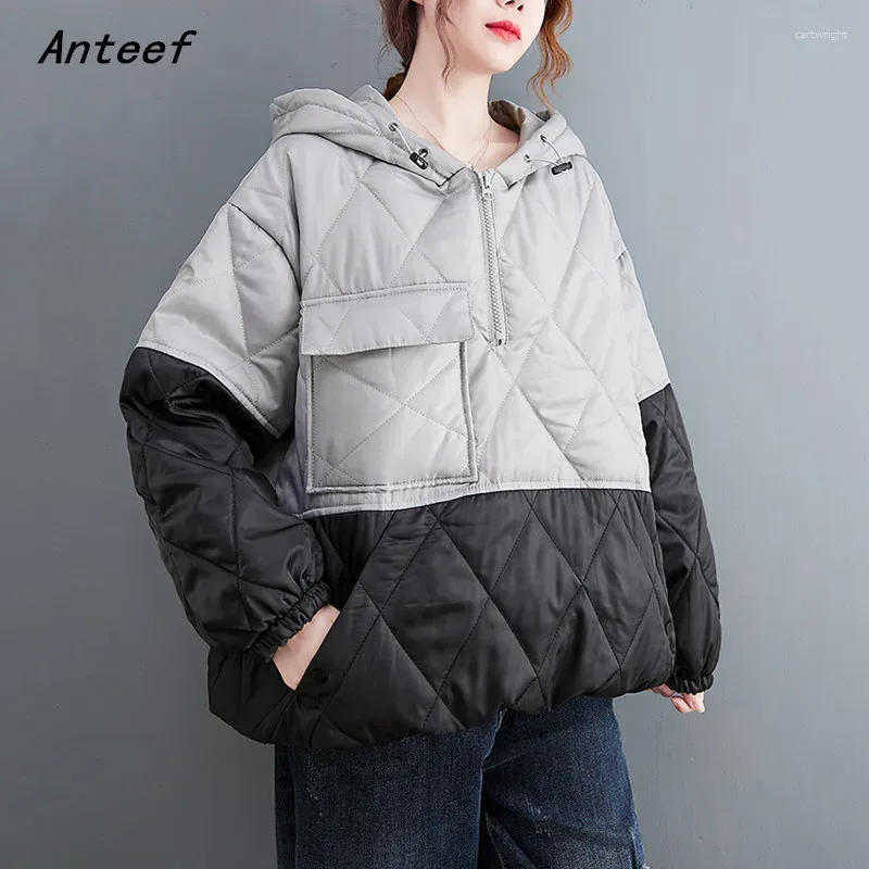 Women's Trench Coats Anteef Autumn Winter Cotton Padded Oversized Vintage Hooded Loose Casual Jackets For Women 2024 Clothes Woman Jacket