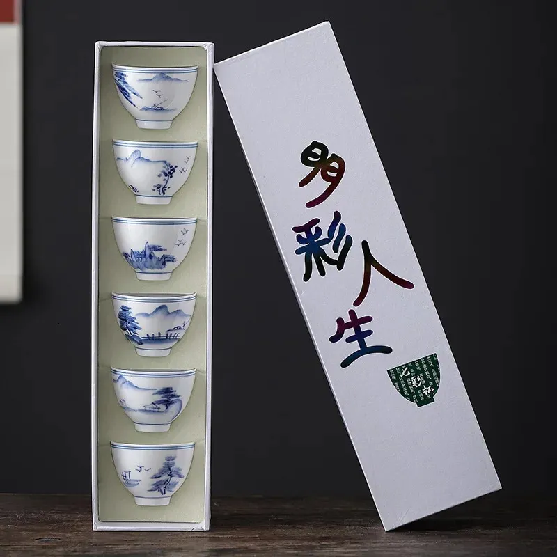 6pcs bleu et blanc en céramique Kung Fu tasse à thé ensemble porcelaine après-midi tasse à thé tasses à expresso poterie japonaise bol à thé tasse à café 240304