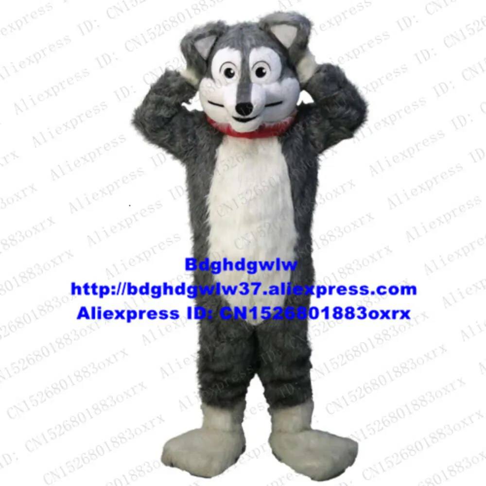 Trajes de mascote longo pele peludo cinza lobo husky cão fursuit mascote traje adulto personagem de desenho animado exposição comercial aniversário de negócios zx662