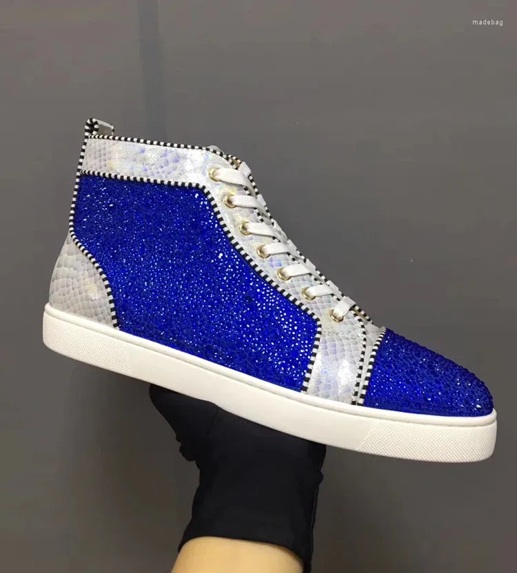 Casual Shoes High-end Women's Men's High-top Snake Pattern Blue Diamond Lace-up Couple