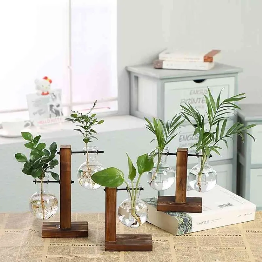 Terrarium hydroponic växt vaser vintage blomkruka transparent vas träram glas bordsskiva växter hem bonsai dekor 210409255o