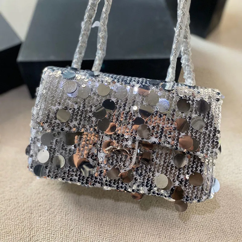 Glanzende glitter flap dames designer schoudertas 25CM zilveren hardware verstelbare ketting luxe handtas crossbody portemonnee avond clutch kaarthouder pochette