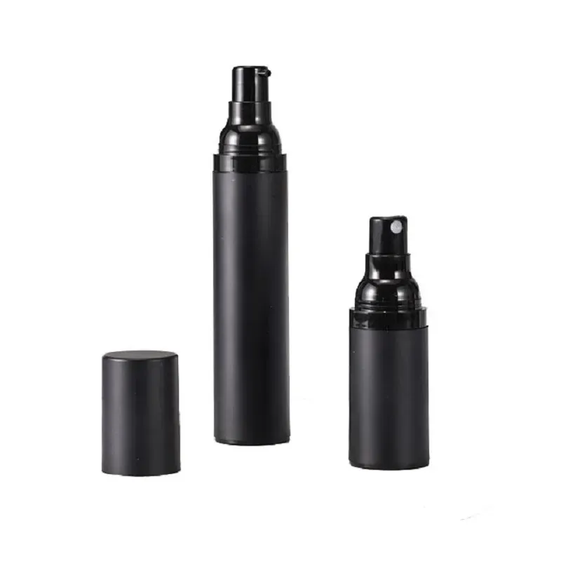 Atacado vazio preto fosco plástico como garrafas de bomba de spray airless 15ml 30ml 50ml dispensador para cosméticos líquidos/loção 11 ll