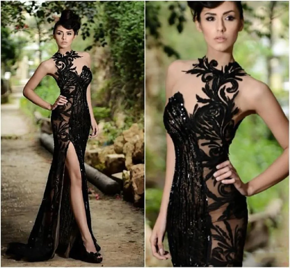 2021 Black Rami Salamoun Split Prom Dresses Long Appliqued Sheer High Neck Beading Mermaid Formal Evening Gowns Real Image Cheap P6452953