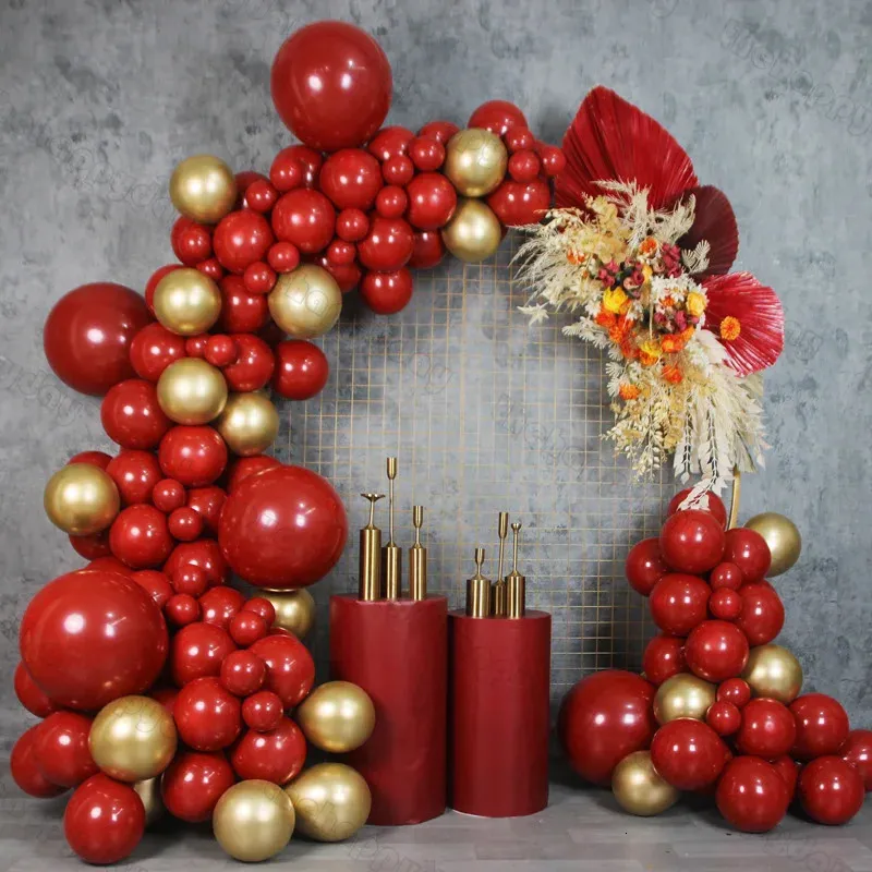 124 pezzi doppio arco di palloncini rosso rubino doppio palloncino imbottito in oro kit ghirlanda Globos Natale matrimonio San Valentino Decor 240226