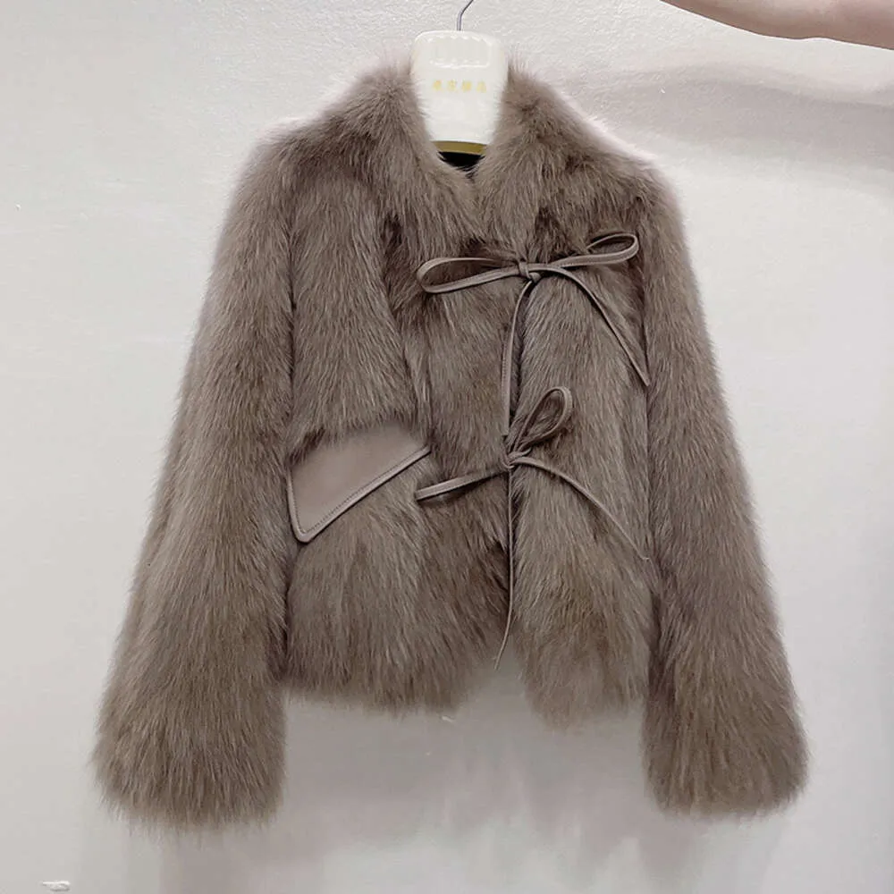 Women Fox Grass for 2023 New Fashion Lace Up Integrated Short Fur Coat Haining 7542