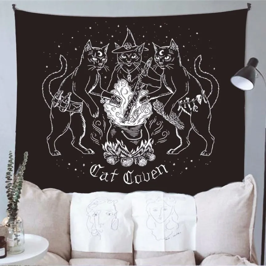 Cat Witchcraft Tapestry Wall Hanging Tapestries Mysterious Divination Baphomet Occult Home Wall Black Cool Decor Cat Coven257B