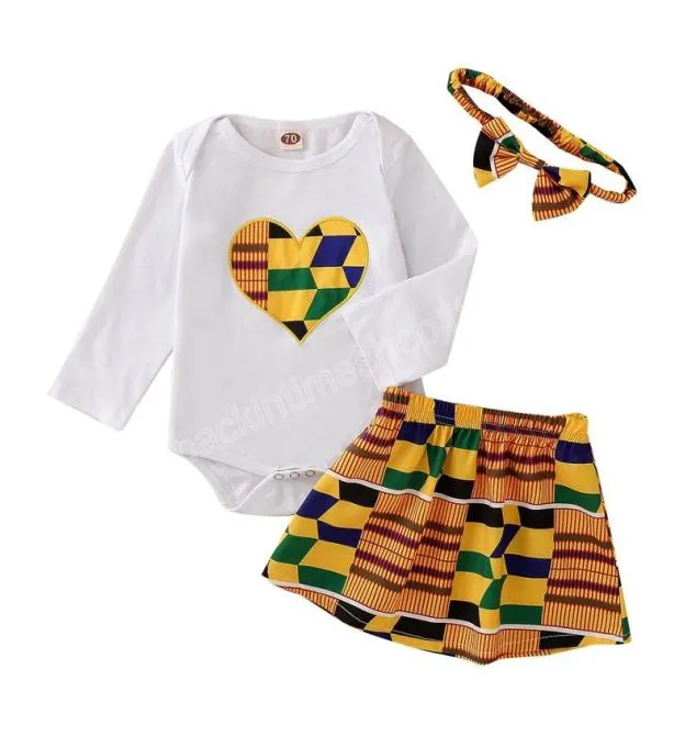 Barnkläder sätter flickor afrikansk stil outfits spädbarn kärlek topskirtsbow 3pcsets sommar mode babykläder2858097