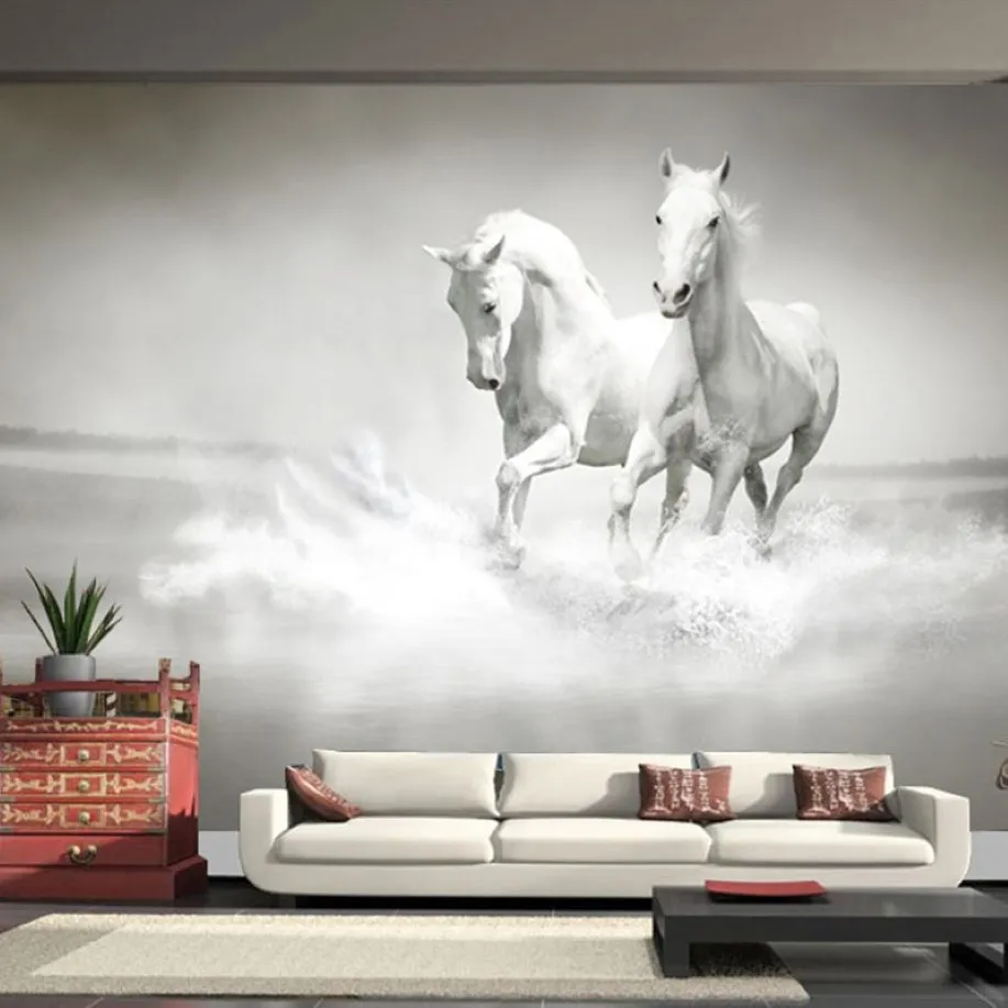 Anpassad storlek Modern konst 3D Running White Horse Po Mural Wallpaper för sovrums vardagsrumskontor Bakgrund Non-Woven Wall Paper2605