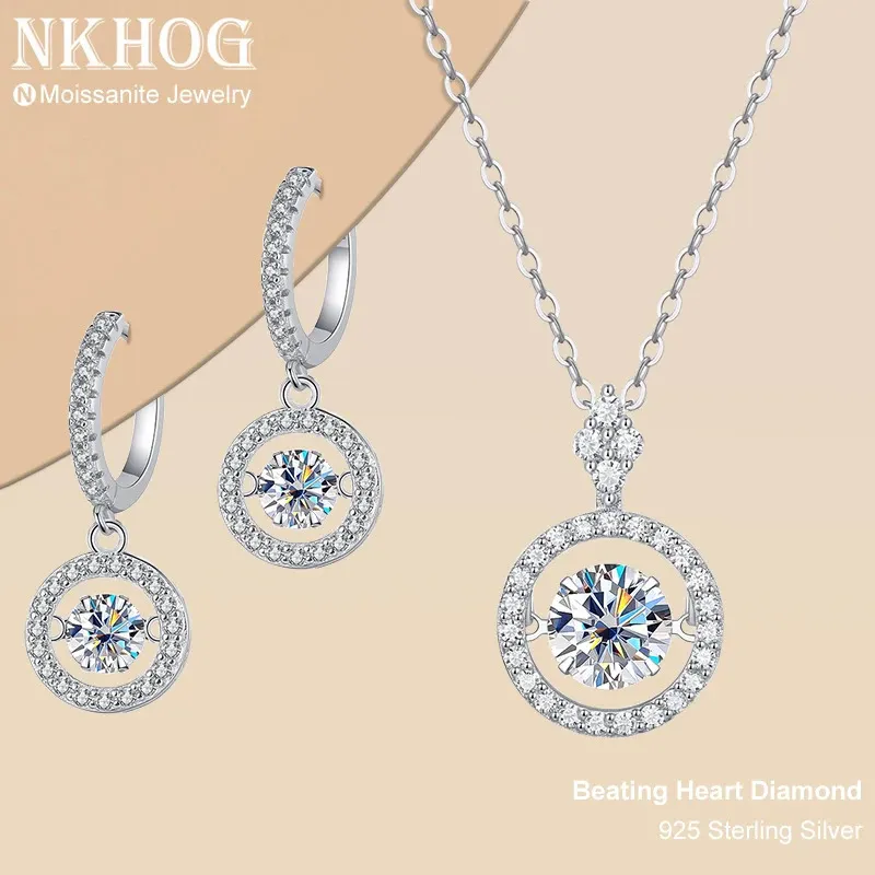 Real Jewelry Set 925 Sterling Silver Sparking Beating Heart Diamond Pendants Necklace Hoop Earrings For Women Gift 240311