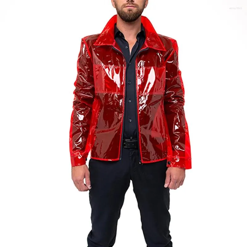 Men's Jackets Mens Turn Down Collar Clrear PVC Punk Coats Fetish Plastic Long Sleeve Zipper Solid Tosp Fashion Club Show Moto Outdoor