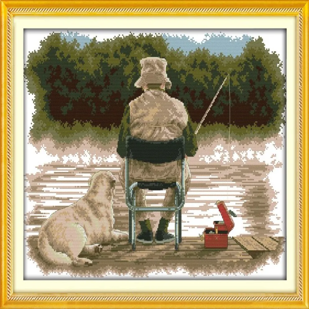 old man and dog Fishing decor paintings Handmade Cross Stitch Embroidery Needlework sets counted print on canvas DMC 14CT 11CT224P