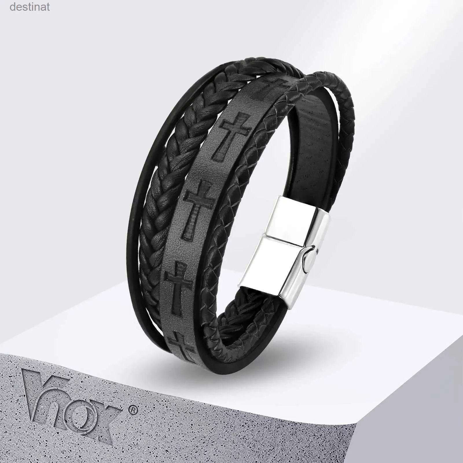 Beaded Vnox Stylish Stamped Cross Mens Bracelets Braided Layering Black PU Leather Wristband Cool Gentle Faith JewelryL24213