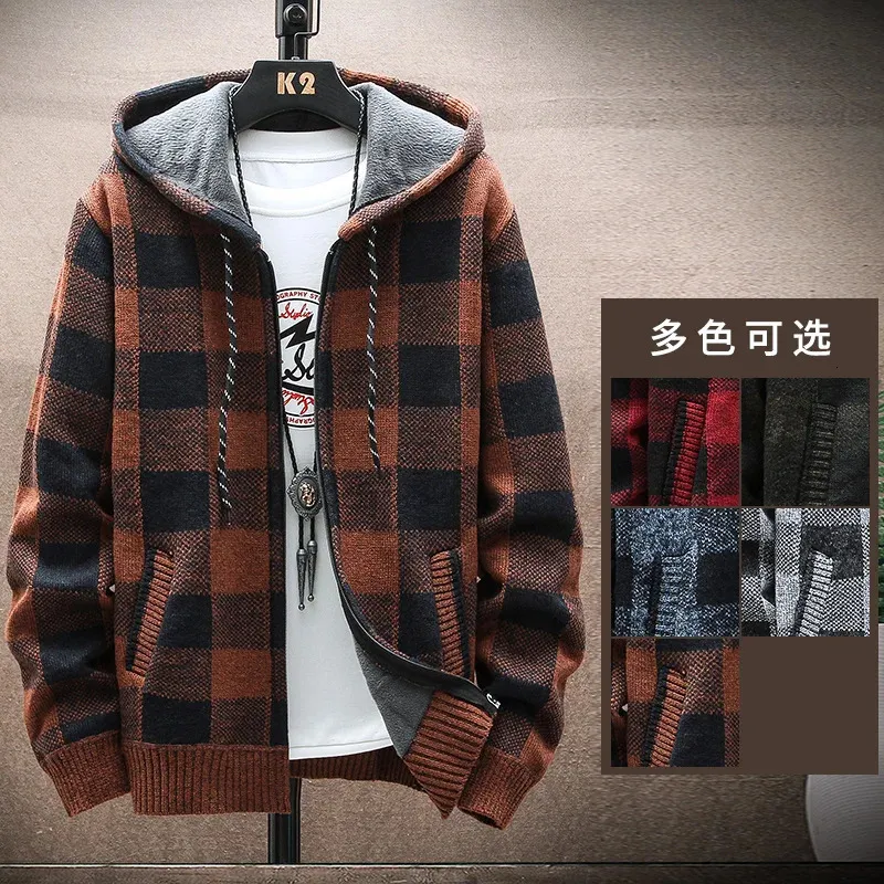 Mens Winter Plaid tröja huva Cardigan Cold Coat Wool Zipper Jacket Autumn Fleece Warm Clothered Knit Jumper 240229